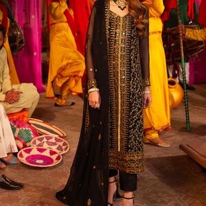 Elegant Black and Gold Embroidered Chiffon 3pc Suit by Asim Jofa